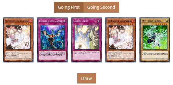 A five-card opening hand. It consists of two copies of Ash Blossom, and one copy each of PSY-Frame Driver, Solemn Strike, and Infinite Impermanence.